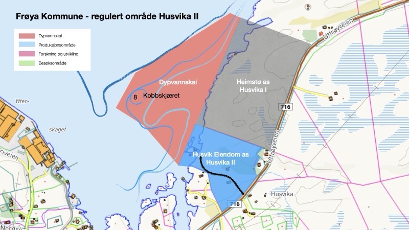 Kart over det regulerte området Husvika II på Frøya, med planlagt dypvannskai